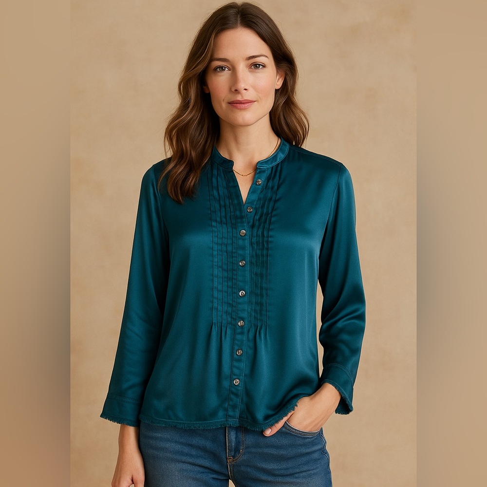 Sundance Teal Satin Pintuck Button-Front Blouse